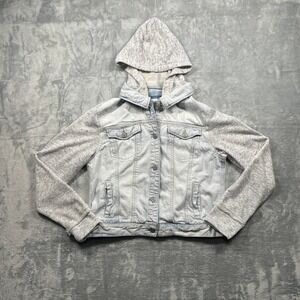 Mudd Jeans Girls Denim Jacket Heather Gray Hooded Sleeve Combo Light Wash XL